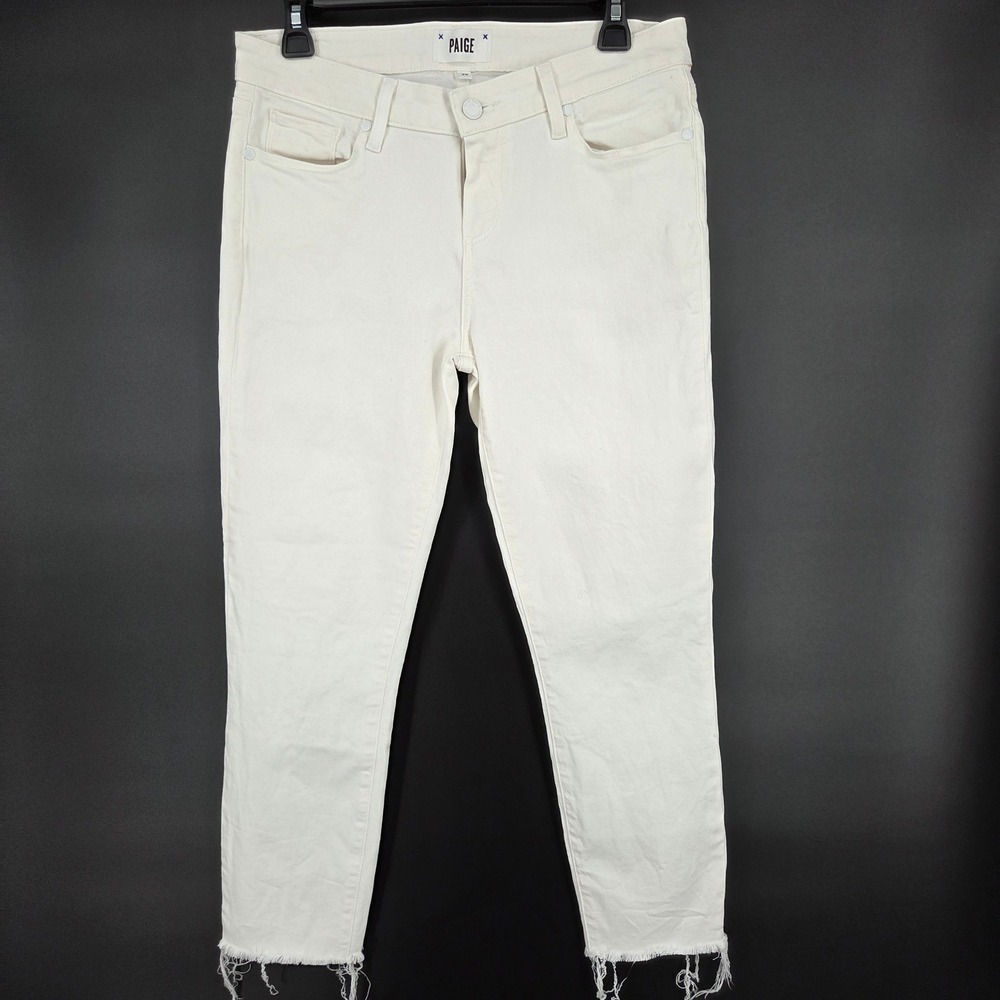 Paige Skyline Skinny Crop White Denim Jeans Frayed Hem Size 29
